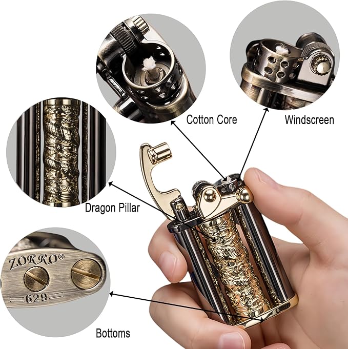Cool Embossed Design Kerosene Wheel Lighter Refillable Eco-Friendly, Vintage Dazzling & Ultra-Cool, Unique for Men Candles Gift Camping BBQ (No Kerosene) (10#)