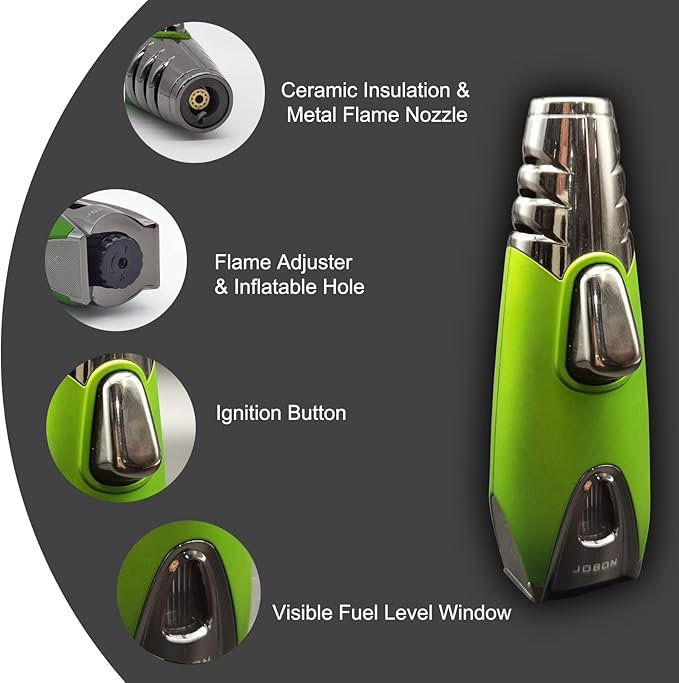 JOBON Pocket Torch Lighter, Gift Idea (Butane Free), Professional Reusable Single Jet Flame Gas Lighter, Kitchen BBQ Camping Candle (Green)