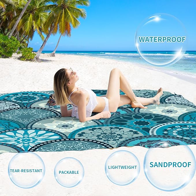 BYDOLL Beach Blanket Sandproof Waterproof 78''×81'' 1-4 Adults Compact Lightweight Oversized Beach Blanket Large Picnic Mat Beach Blanket for Travel Camping Hiking Picnic