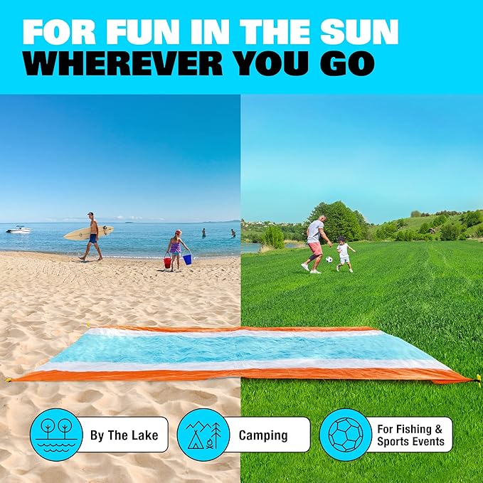SUN NINJA Sand-Free Beach Blanket - 10ft X 9ft Lightweight Outdoor Blanket with Storage, Bottle Opener, Carabiner, Shoulder Strap, Corner Sand Pockets & 4 Stakes