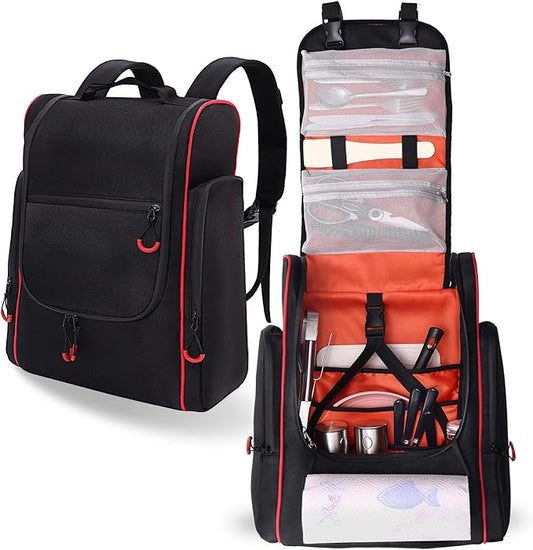 Large Waterproof Camp Kitchen Organizer Backpack, Hanging Outdoor Cooking Utensil Storage with Multi-Pockets, Paper Towel Holder & Carry Straps for Camping, BBQ Grilling, Hiking (Bag Only)