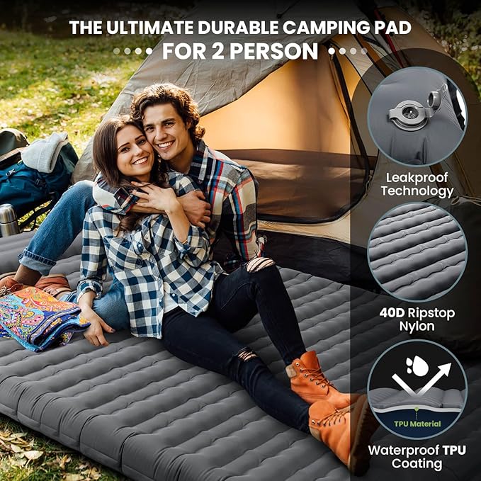 Double Sleeping Pad, 4.7“ Ultra-Thick Camping Mattress 2 Person for Backpacking, Hiking(Grey)