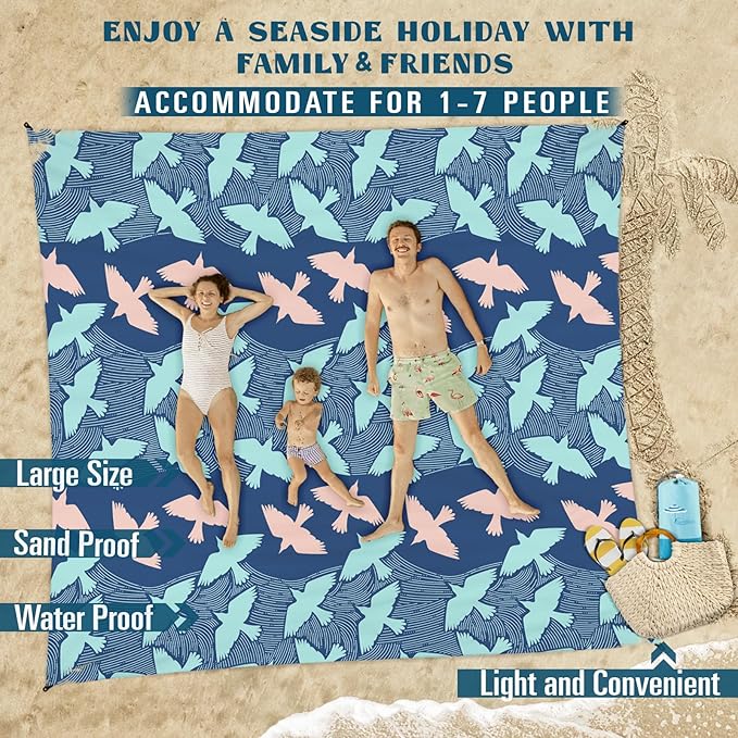 Beach Blanket Sandproof Waterproof 78''×110'' 1-7Adults Oversized,Compact Lightweight Durable Beach Mat for Travel Camping Hiking Picnic Blanket