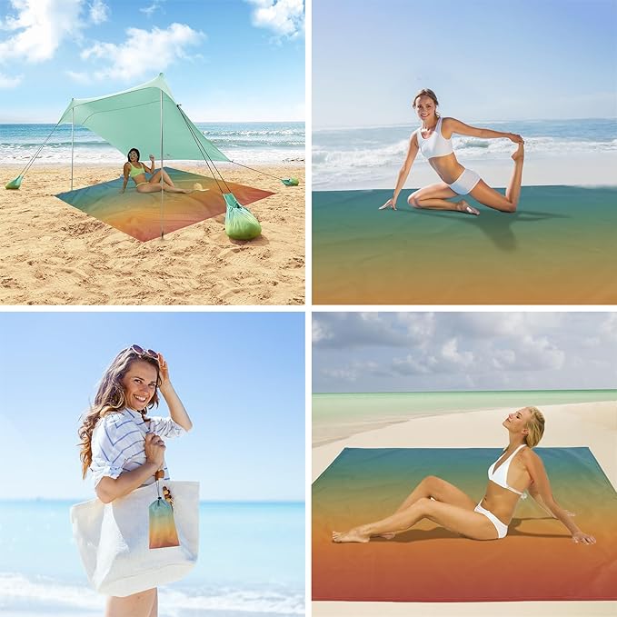Extra Large Beach Blanket Waterproof Sandproof, Polyester Oversized Beach Mat for 8 Adults w/Stakes and Sand Pocket, Quick Drying & Lightweight Picnic Blanket Beach Essential Accessory Must Haves