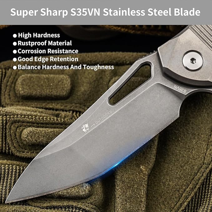 HX OUTDOORS Foldable Pocket Knife with Lock, High End S35VN Steel Folding Knife with Non Slip Titanium Alloy Handle(Silver)