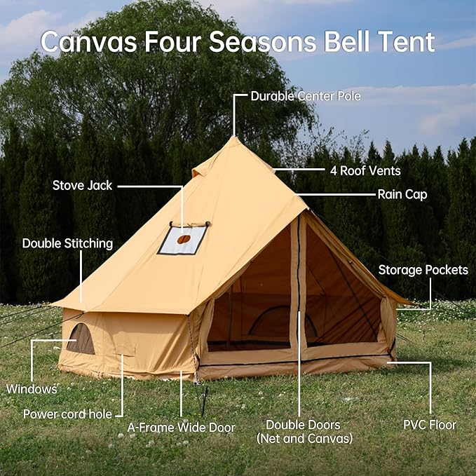 Cotton Canvas Bell Tent with Stove Jack, Roomy Yurt for Family Glamping Camping, 4 Season Tent with Zipped Removable Floor