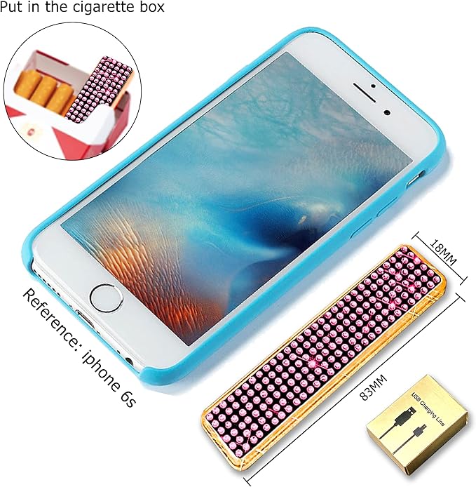 Rhinestone Lighter Electric Lighter Rechargeable Bling Glitter USB Lighter Flameless Girls Lighter for Women (Pink)