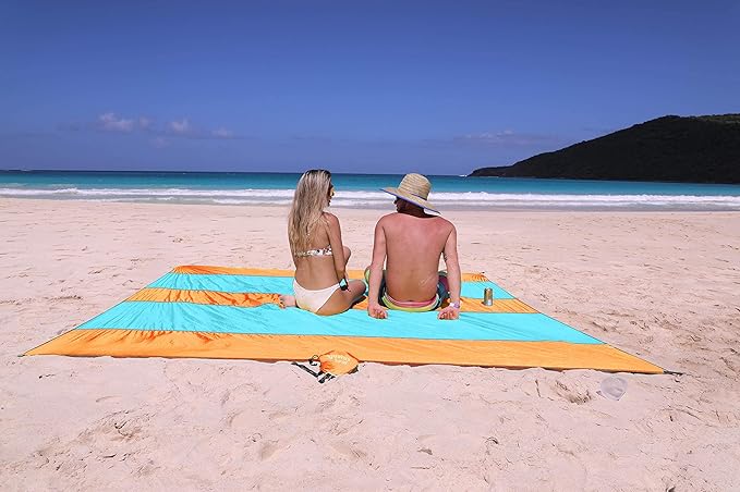 Premium XXL Beach Blanket Sandproof Water Resistant Quick Dry Mat 10ft by 9ft for 1-8 Adults with 4 Metal Stakes, 4 Corner Pockets, Secure Clip and Strap, and Attached Bag