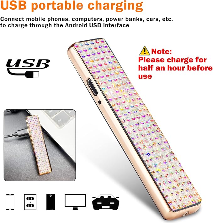 Rhinestone Lighter Electric Lighter Rechargeable Bling Glitter USB Lighter Flameless Girls Lighter for Women (White Multi)