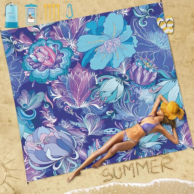 Beach Blanket Sandproof Waterproof 78''×81''1-5Adults Oversized,Compact Lightweight Durable Beach Mat for Travel Camping Hiking Picnic Blanket