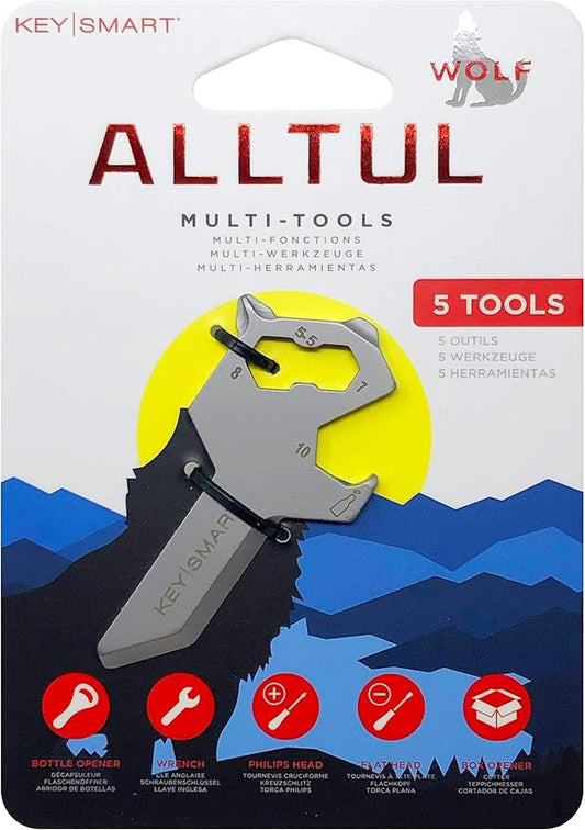 KeySmart AllTul Wolf - 5-in-1 Everyday Carry Multi-Purpose Keychain Multitool with Bottle Opener, Wrench, Philips Head, Flat Head, and Box Opener, Ideal Utility Tool for Camping, Fishing Etc.