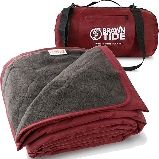 BRAWNTIDE Large Outdoor Waterproof Blanket - Quilted, Extra Thick Fleece, Warm, Windproof, Sandproof, Includes Stuff Sack, Shoulder Strap, Ideal for Beaches, Picnics, Camping, Stadiums, Dogs, Car