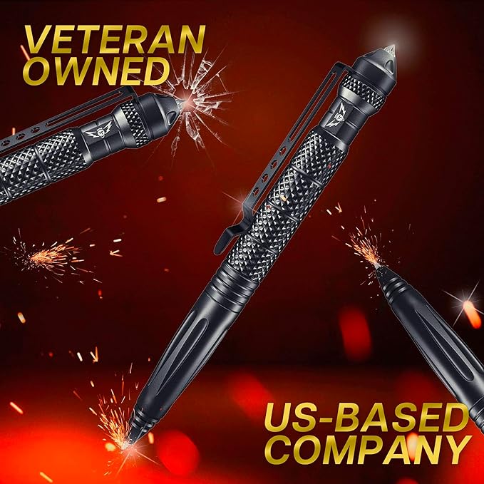 Tactical Pen Multitool – Gifts For Men Dad - Diamond Thread Grip, Strong Rugged Aluminum EDC Survival Gear, Pocket Military Writing Glass Breaker, Pen Collection - Black Card