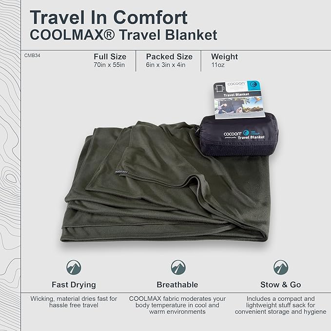 COCOON - Coolmax Travel Blanket | Compact Throw Blanket for Camping and Hiking | Fits in Backpack | Attaches to Luggage | Travel Essential | Fast Drying (Regular 70" x 55")