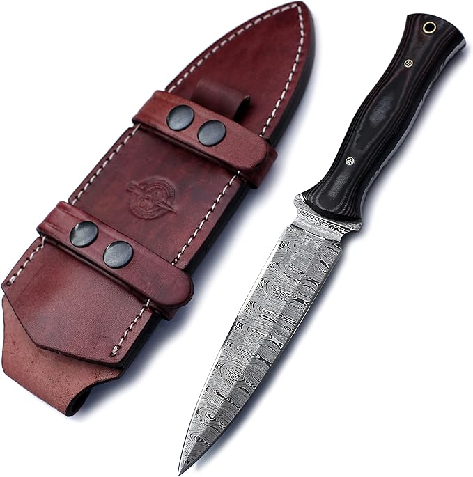 Handmade Damascus Steel Fixed Blade Bowie Knife For Edc,Hunting,Survival,Camping,Bushcraft and Fishung with Fixed Blade Spear Point Blade and Full Tang Micarta Handle with Cowhide-Leather Sheath-WKD-779