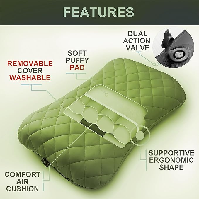 Portable Inflatable Neck Pillow for Outdoor Travel, Camping, Office Naps-Polyester + Washable Cotton-Color Available-Simple and Comfortable (Green, 18.1 * 12.6 * 4.7in)