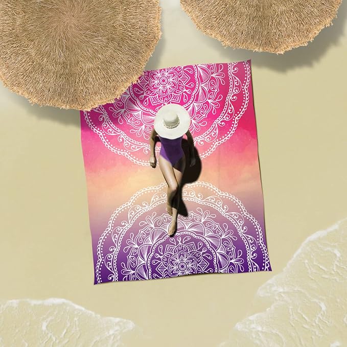 Sunlit Silky Soft 85"x72" Boho Sand Proof Beach Blanket Sand Proof Mat with Corner Pockets and Mesh Bag for Beach Party, Travel, Camping and Outdoor Music Festival, Purple and Red Mandala