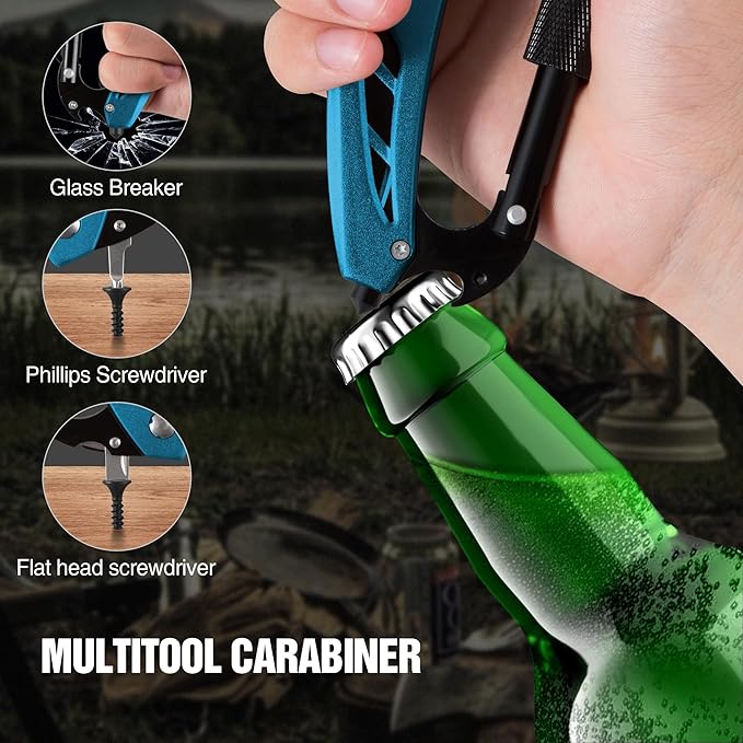 Multitool Carabiner with Pocket Knife, EDC Carabiners Keychain with Bottle Opener, Window Breaker Folding Knives and Screwdriver, Survival Gear for Outdoor Camping Hiking for Men