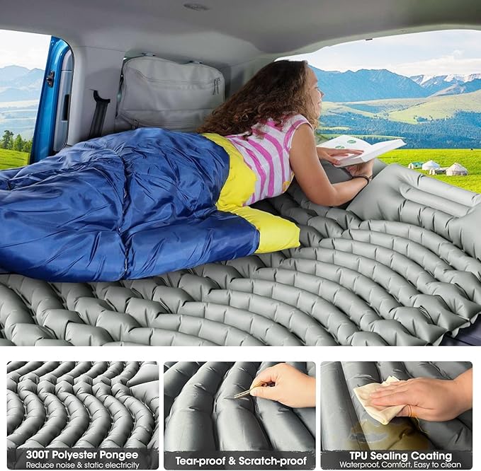Double Sleeping Pad Extra Thick,Self Inflating Camping Mattress 2 Person with Pillow Built-in Foot Pump Reinforced Support Structure Inflatable Sleeping Mat Portable for Home Tent Backpacking Hiking