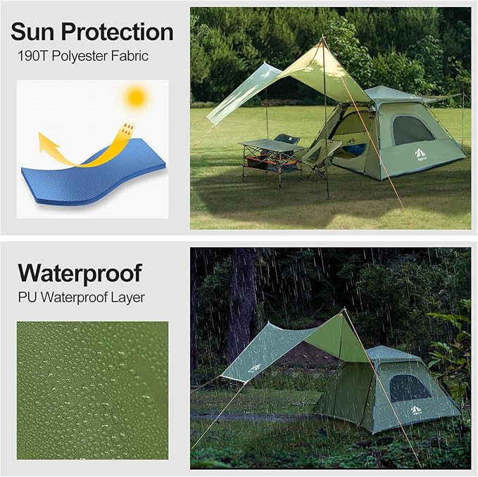 Night Cat Instant Cabin Tent with Canopy Tarp 3 Persons Waterproof Pop Up Tent for Family Camping 2 in 1 Canopy Tent with Porch Automatic Easy Set Up Outdoor