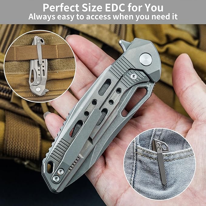 HX OUTDOORS Foldable Pocket Knife with Lock, High End S35VN Steel Folding Knife with Non Slip Titanium Alloy Handle(Silver)