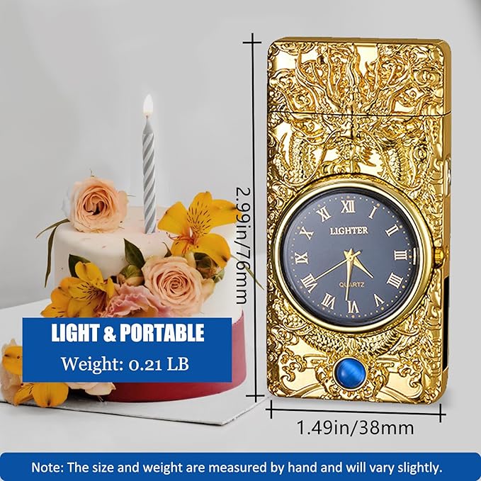 Cool Lighter with Clock Dial Electric Lighter with LED Power Display Plasma Lighter Windproof USB Rechargeable Lighter Gifts for Men Women(GoldDragon)