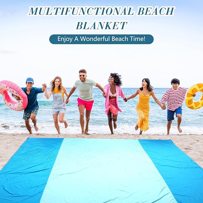 Batiyeer 4 Pcs Beach Blanket Sandproof Extra Large Beach Mat Anti Sand Waterproof Picnic Blanket Lightweight with 16 Stakes for Travel Camping Hiking Picnic (Lake Blue Dark Blue, 120 x 107 Inch)