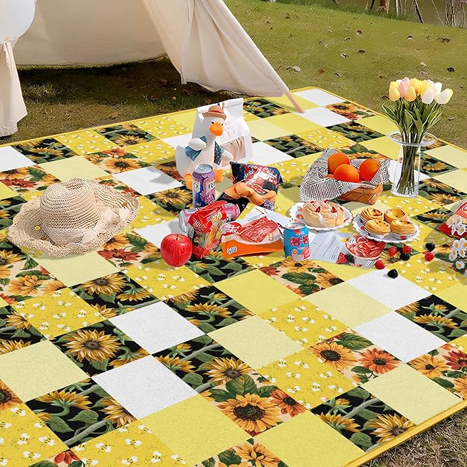 Sunflower Bee Picnic Blanket Waterproof Foldable Extra Large Picnic Mat Beach Blanket 60"x80" for Camping Beach Hiking Patio Party Outdoor Decor Gifts