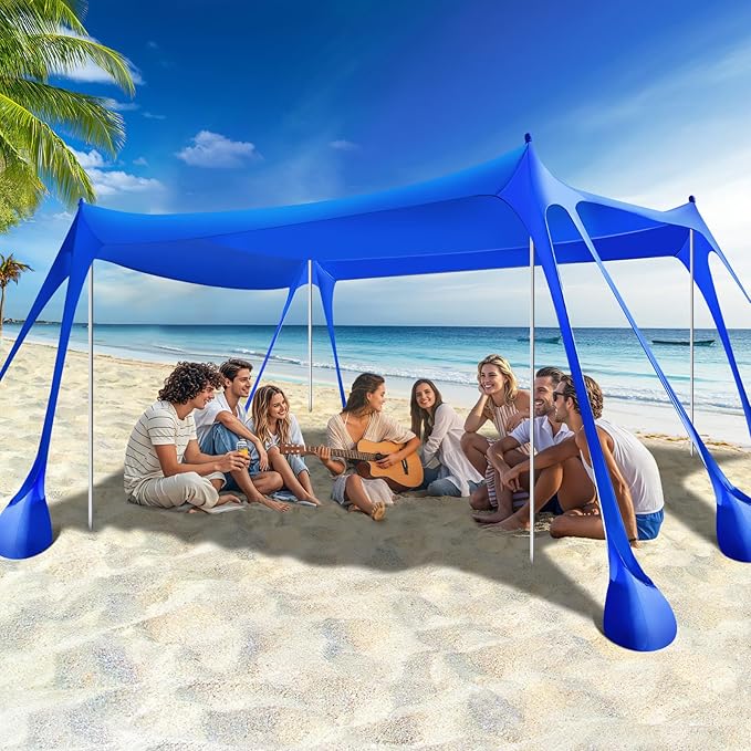 Rhino Valley Beach Tent Sun Shelter, Beach Canopy Tent Sun Shade UPF50+ Protection with 8 Sandbags 4 Stability Poles, Outdoor Beach Shade Canopy for Beach, Camping, Fishing