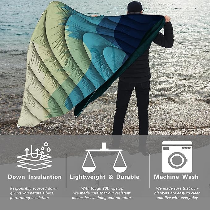 Yizheer Green Mountain Printed Camping Blanket,Lightweight Down Alternative Puffy Camping Blanket Packable Outdoor Blanket for Camping,Traveling, Stad,1-Person, 76" x 54"