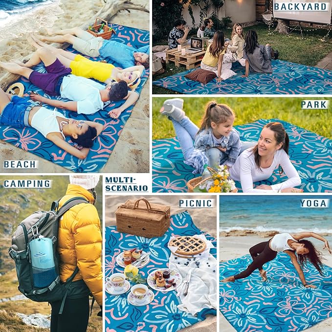 Beach Blanket Sandproof Waterproof 78''×110'' 1-7Adults Oversized,Compact Lightweight Durable Beach Mat for Travel Camping Hiking Picnic Blanket