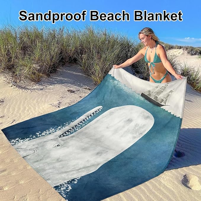 Beach Blanket Sandproof, Large Waterproof Foldable Picnic Blanket 78''×86'' 4 Adults, Lightweight Portable Sand Free Beach Mat Accessories with 4 Stakes for Outdoor, Travel, Camping - White Whale