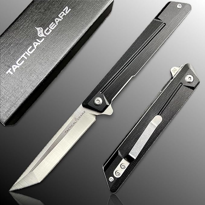 TACTICAL GEARZ EDC Pocket Folding Knife with G10 Handle - Tanto D2 Steel Blade (Nyx ST Black)