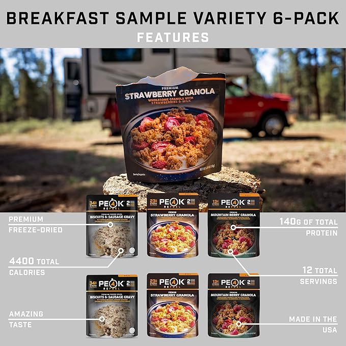 Peak Refuel Breakfast Variety 6 Pack | Premium Freeze Dried Camping Food | Backpacking & Hiking MRE Meals | Just Add Water | 100% Real Meat | 12 Total Servings