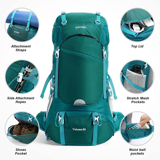 HOMIEE 50L Hiking Backpack Travel Bag Waterproof Camping Backpack with Rain Cover Lightweight Backpacking Backpack Rucksack