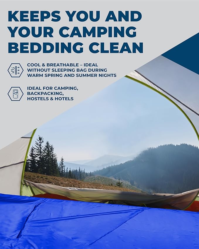 The Friendly Swede Sleeping Bag Liner Ultralight - Thin Travel Sheets for Hotel; Silky Feel Camping Sheets & Adult Sleep Sack for Backpacking and Hiking; Travel Sleeping Bag - Blue (Velcro)
