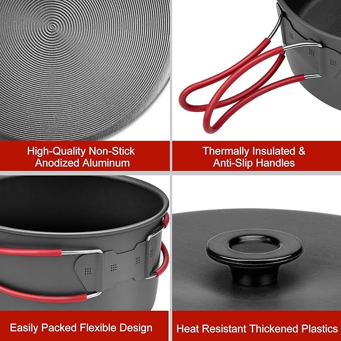 Alocs Camping Cookware Set,Durable Aluminum Camping Cooking Set, Compact Camping Pots and Pans Set with Kettle, Non-Stick Camping Pan Camping Essentials for Outdoor Cooking, Hiking, and Picnics.