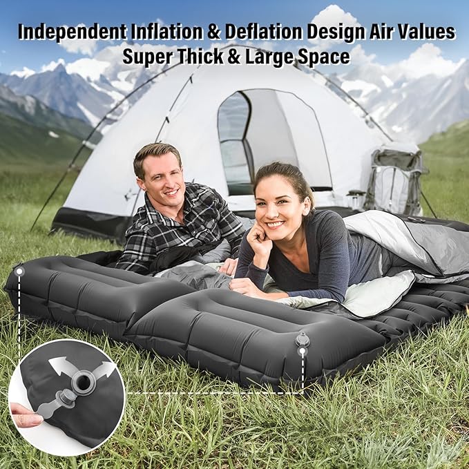 Double Sleeping Pad for Camping, Grey Inflatable Sleeping Mat with Pillow, Ultralight 2 Person Camping Pad with Built-in Foot Pump for Backpacking, Hiking, Tent, Portable Camping Mattress