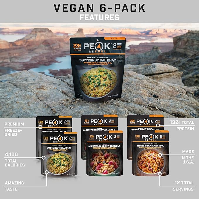 Peak Refuel Vegan 6-Pack | Freeze Dried Backpacking and Camping Food | Amazing Taste & Quality | High Protein | Quick Prep (Vegan 6-Pack)