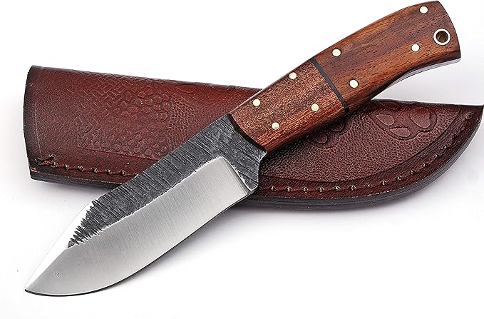 High Carbon Steel Knife, Full Tang Bushcraft Knife - Hunting Knife, Survival Knife, Fixed Blade Knife & Camping Knife with Rose Wood Handle & Leather Knife Sheath