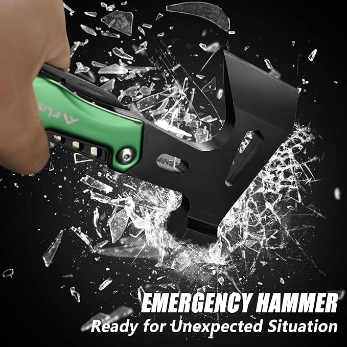 FLISSA Camping Axe Hammer 14-in-1 Multitool, Hatchet Multi Tool Stainless Steel with LED Light, EDC Hiking Survival Multi Function Tool Pocket Knife with Sheath
