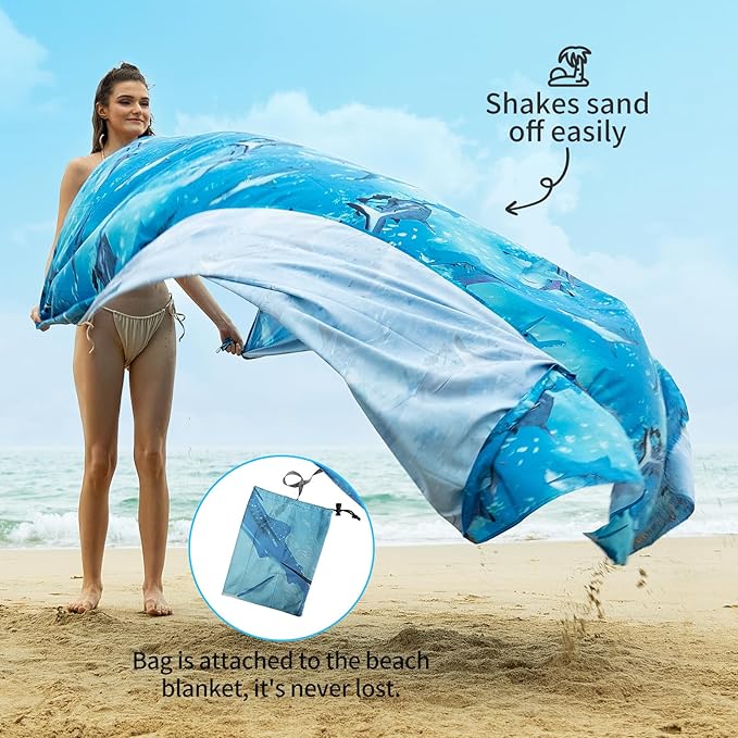 Beach Blanket, 83''*79''(210 * 200cm) Waterproof Sandproof Shark Picnic Blankets for 3-5 Adults, Oversized Lightweight Beach Mat, Big & Compact Picnic Mat for Travel, Camping, Hiking, Beach