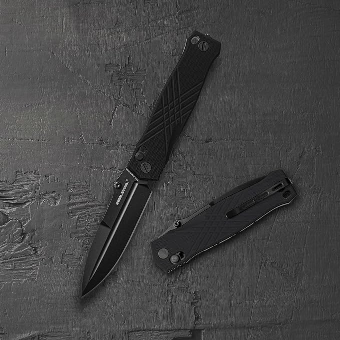 Real Steel Muninn Slide Lock Folding Pocket Knife - 3.62" VG-10 Black Blade, Milled Black G10 Handle - Perfect for Camping, Hiking, Daily Cutting Tasks - EDC Knife for Men Women - Black