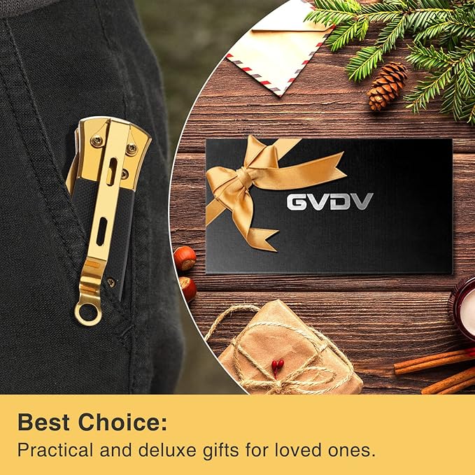 GVDV Folding Pocket Knife with G10 Handle, 7Cr17 Stainless Steel EDC Knife with Safety Liner-Lock, Camping Hunting Fishing Knife for Men Women, Gold