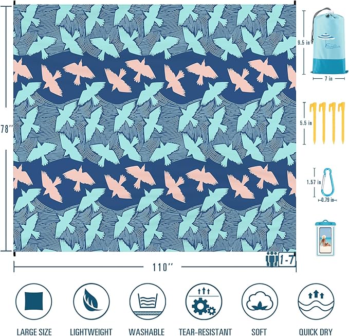 Beach Blanket Sandproof Waterproof 78''×110'' 1-7Adults Oversized,Compact Lightweight Durable Beach Mat for Travel Camping Hiking Picnic Blanket