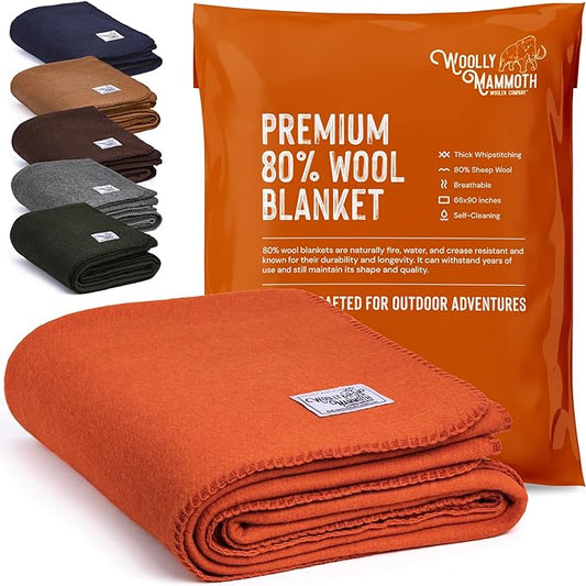 Woolly Mammoth Merino Wool Blanket - Large 66" x 90", 4LBS Camp Blanket | Throw for The Cabin, Cold Weather, Emergency, Dog Camping Gear, Hiking, Survival, Army, Outside, Outdoors – Orange