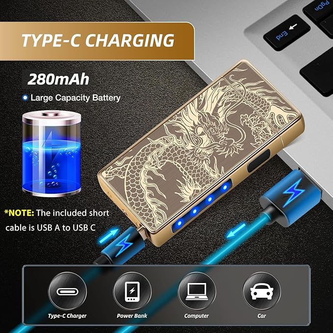 LcFun Plasma Lighter USB Type C Rechargeable Lighters Flameless Electric Lighter Windproof Dual Arc Lighter with LED Battery Indication for Candles, Outdoor Camping, Fireworks (Gold Dragon)