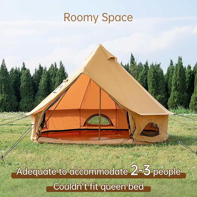 Cotton Canvas Bell Tent with Stove Jack, Roomy Yurt for Family Glamping Camping, 4 Season Tent with Zipped Removable Floor