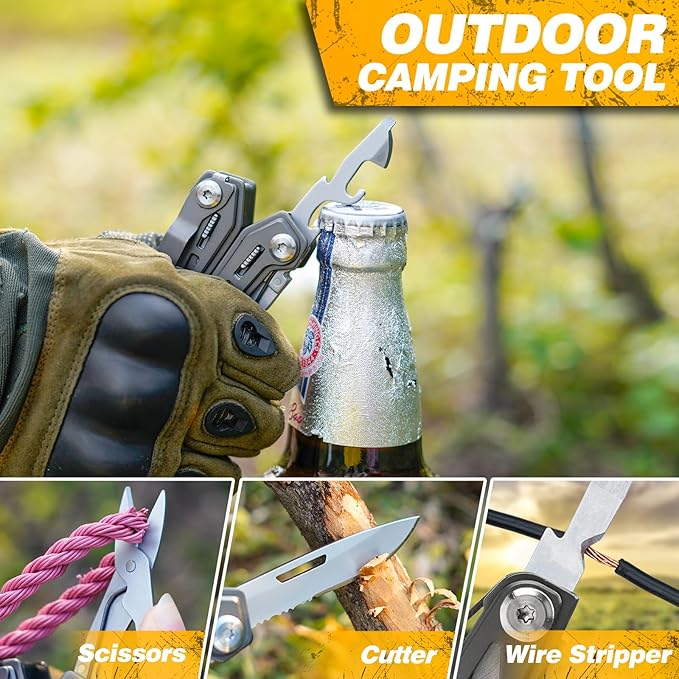 BIBURY 17-in-1 Multitools, Portable Multitool Foldable Spring-Loaded Pliers with Scissors, Can Opener & Screwdriver, EDC Tools for Camping, Outdoor Activities, Home Repair - Titanium Plating
