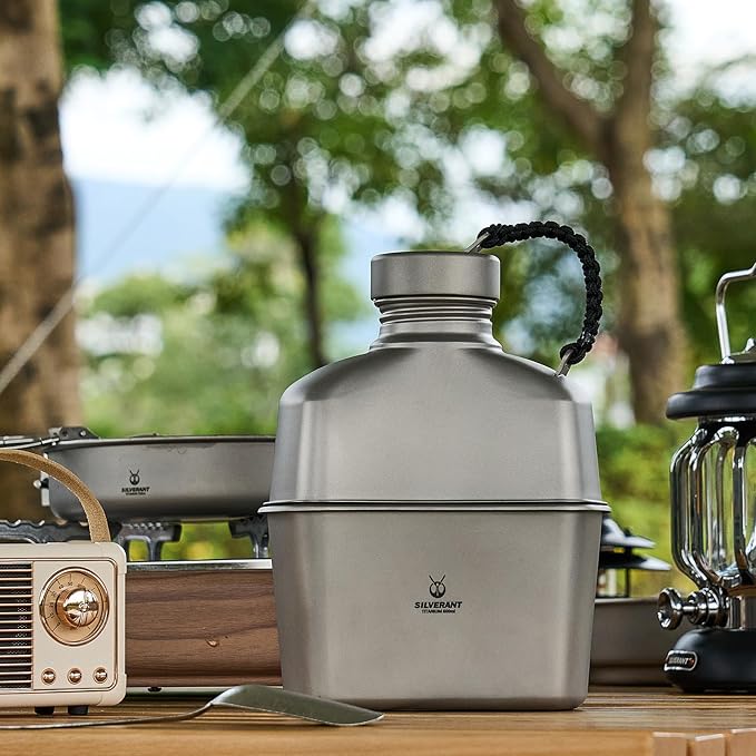 Camping Canteen Titanium Military Canteen Mess Kit Ultralight Camping Mug with Carry Pouch & Cup Foldable Handle -Bottle 1000ml, Cup 600ml